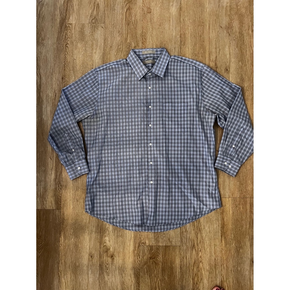 Nordstrom Smartcare Mens Trim Fit Plaid Button Down Shirt Blue Grey 17.5 32-33 - Picture 2 of 7